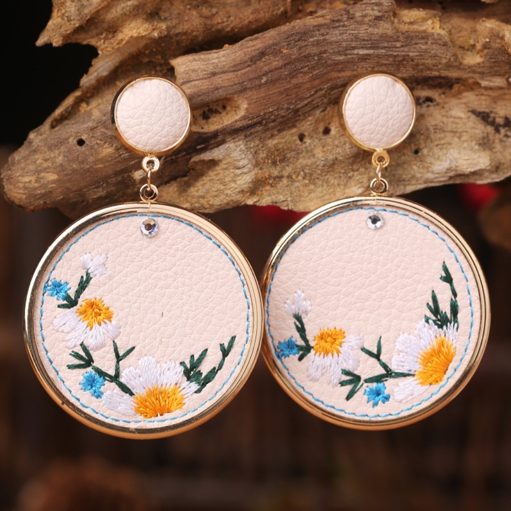 Embroidered Floral Vegan Leather Round Cream Earrings
